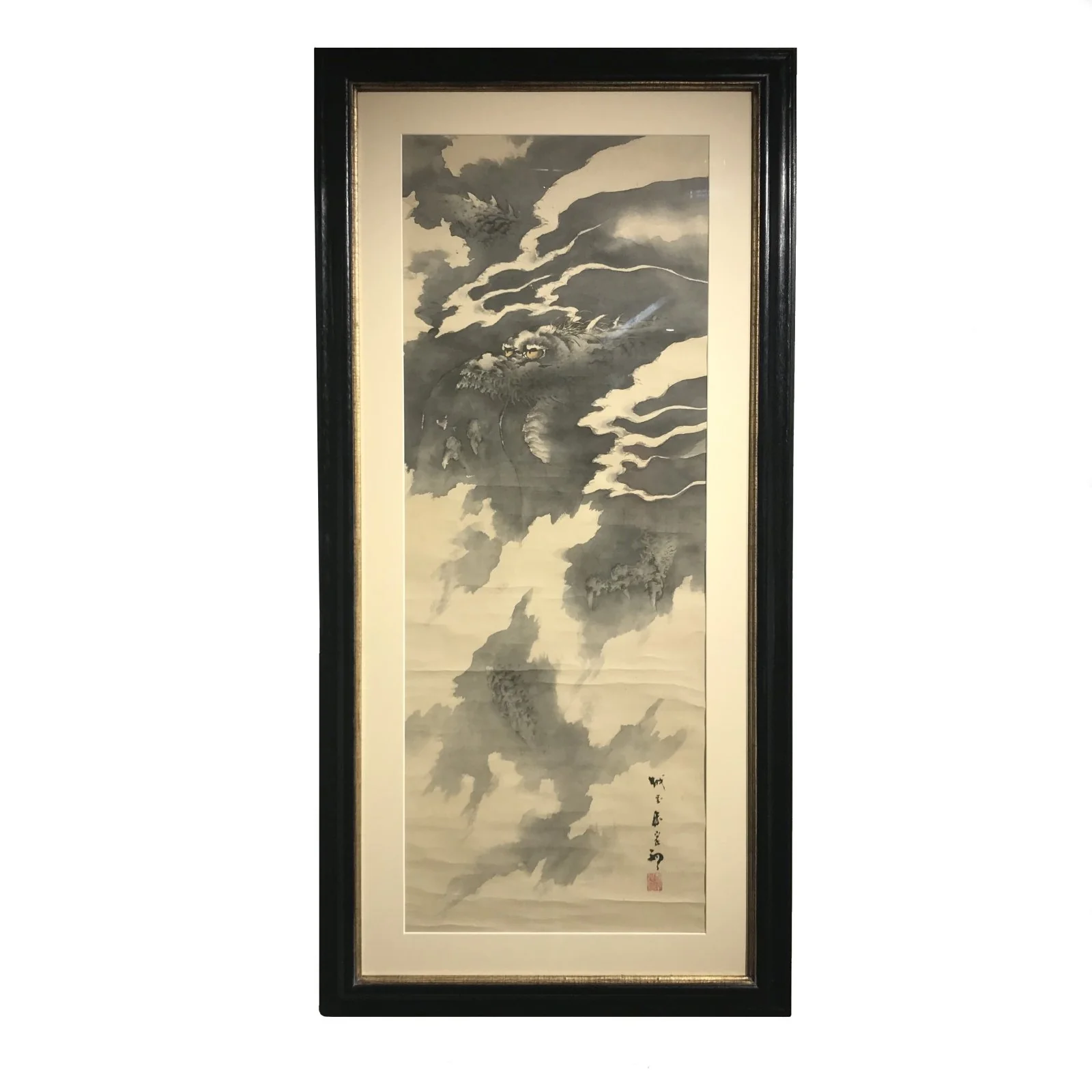 Framed Japanese Dragon in the Clouds - Ink On Paper - Early 20thC