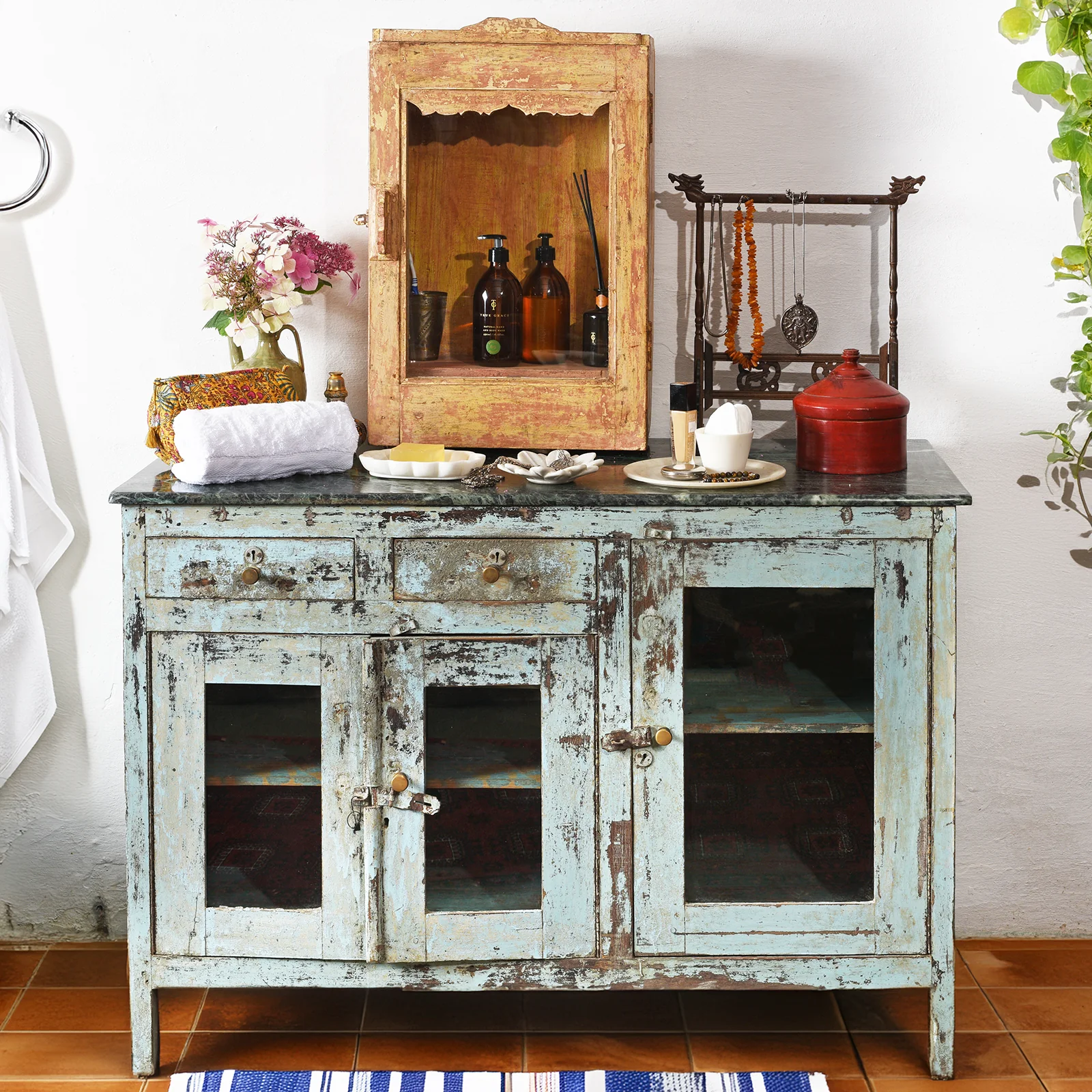 Old Painted Sideboard With Marble Top - Ca 1930