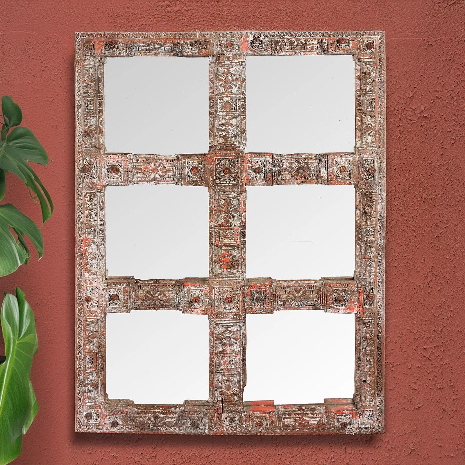 Painted Mirror Made From An Old Teak Kutchi Door - 19th Century