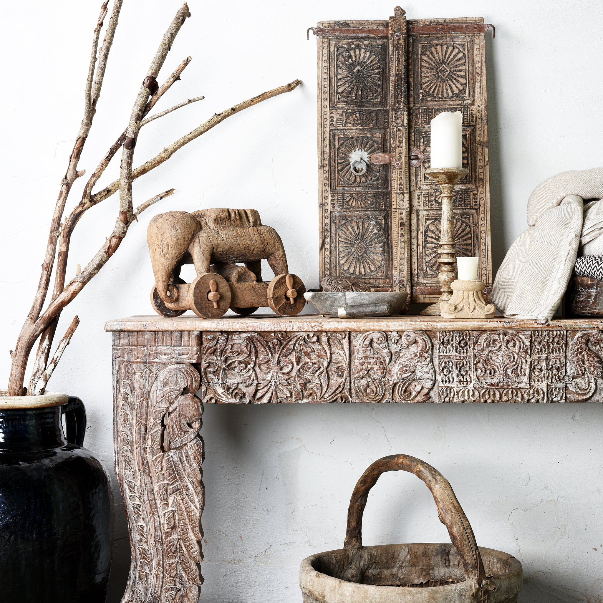 Carved Indian Reclaimed Wood Console Table - Image 2