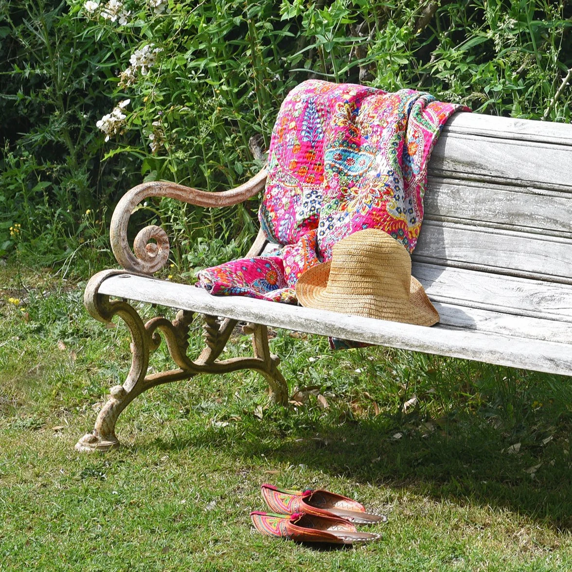 Pink Paisley Hand Block Printed Cotton Kantha Throw - Double bed Size - Image 2