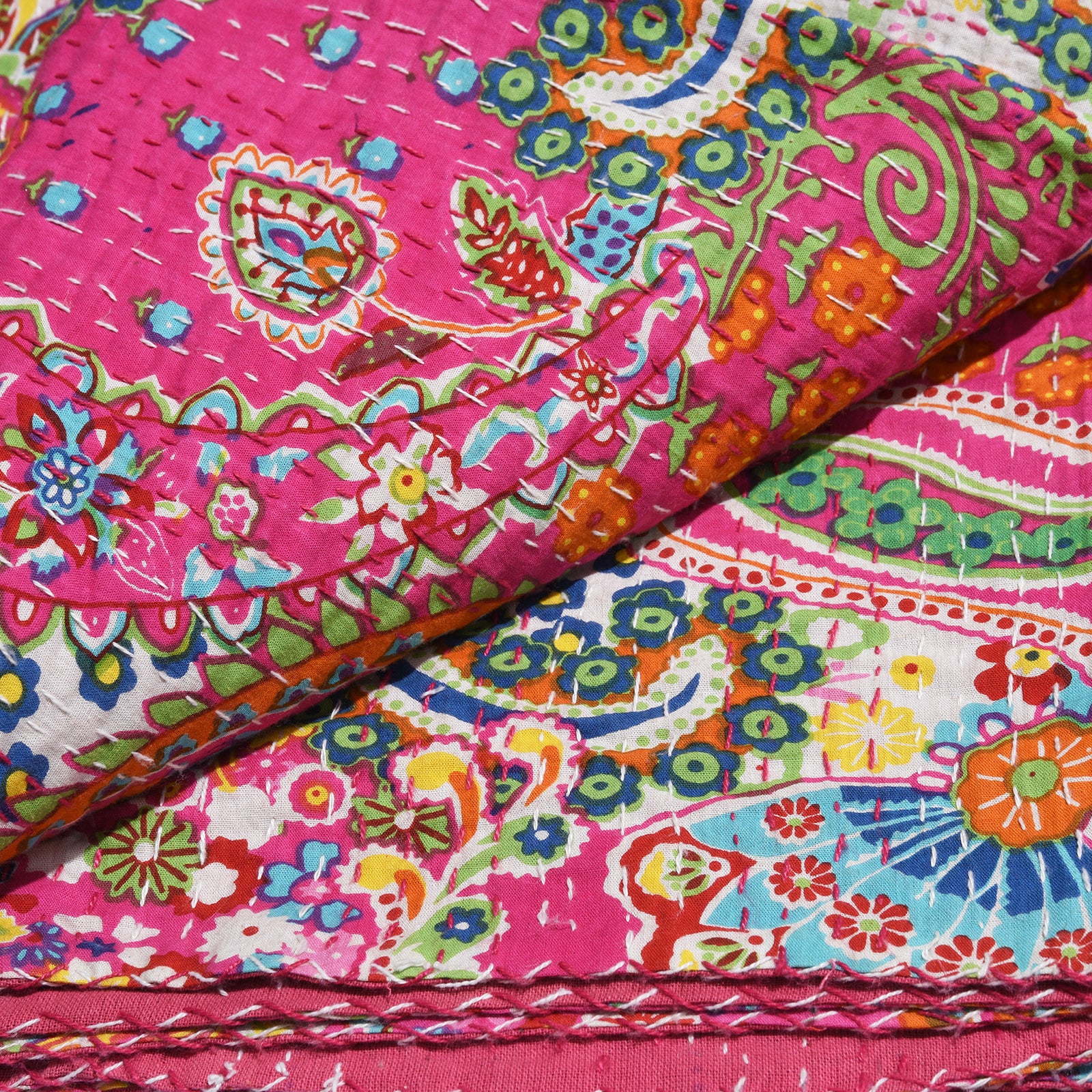 Pink Paisley Hand Block Printed Cotton Kantha Throw - Double bed Size - Image 5