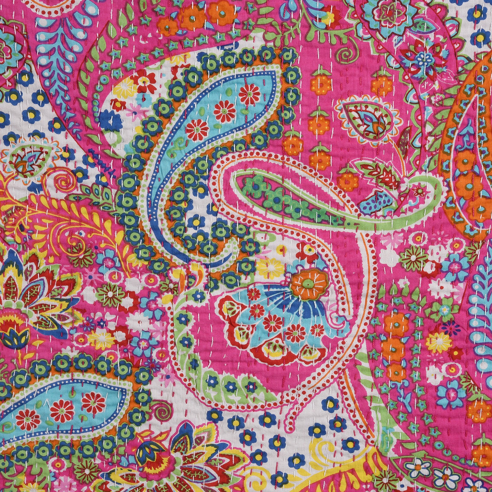 Pink Paisley Hand Block Printed Cotton Kantha Throw - Double bed Size - Image 6