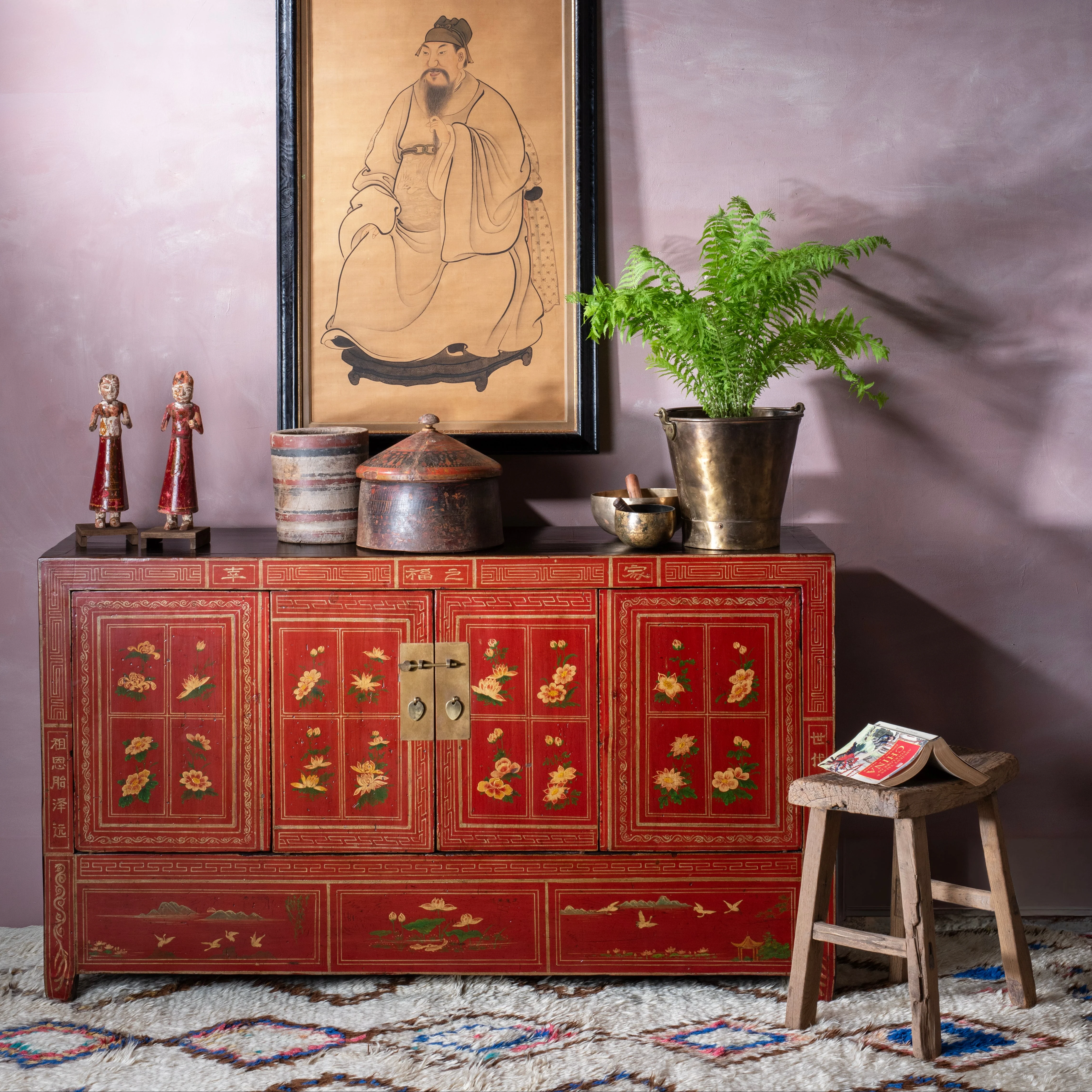 Red Lacquer Chinese Sideboard From Dongbei - Ca 1920