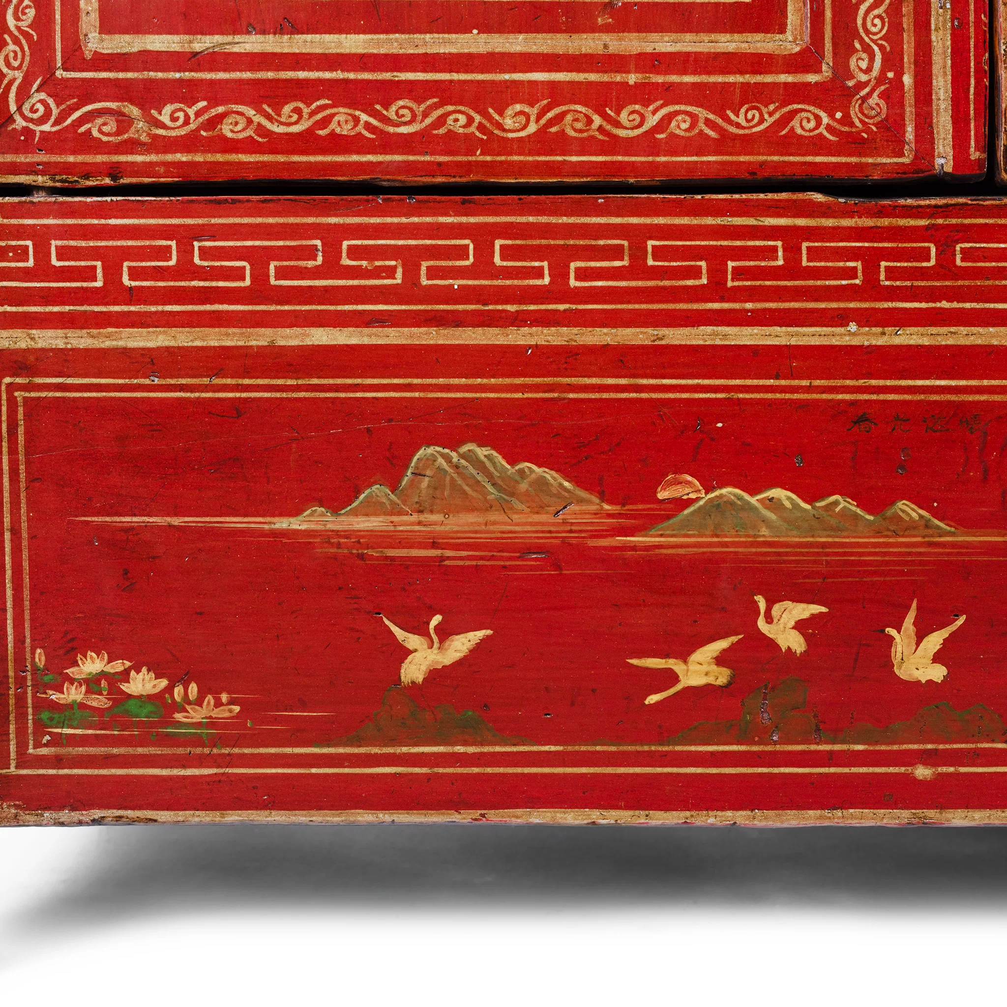 Red Lacquer Chinese Sideboard From Dongbei - Ca 1920 - Image 9