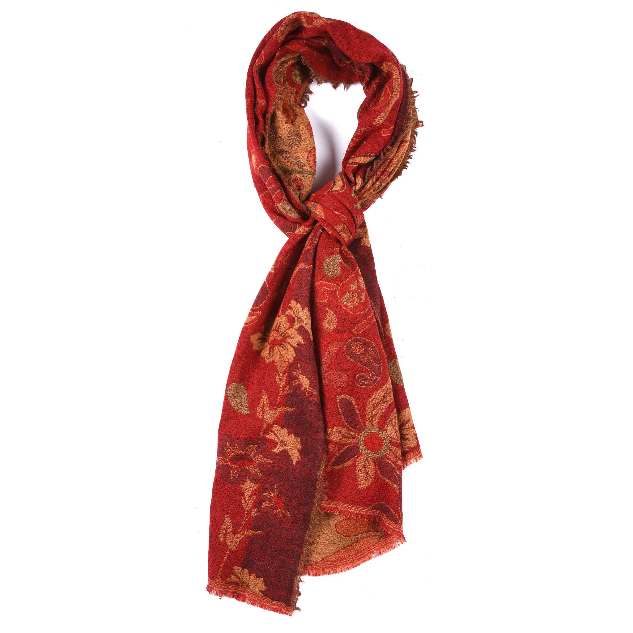 Red - Tudour Floral Scarf - Merino Wool - Image 2