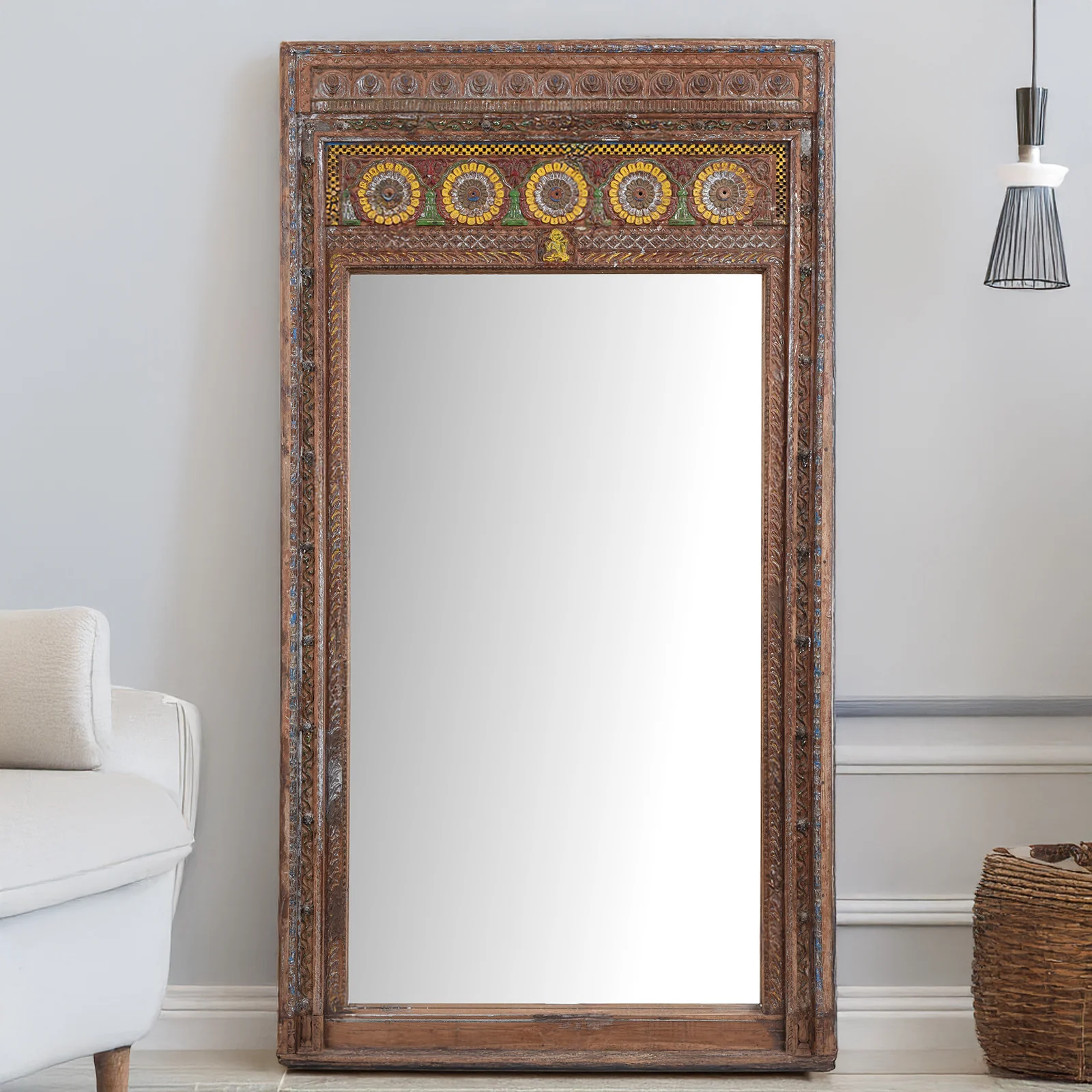 Painted Door Mirror From Shekhawati - 19th Century