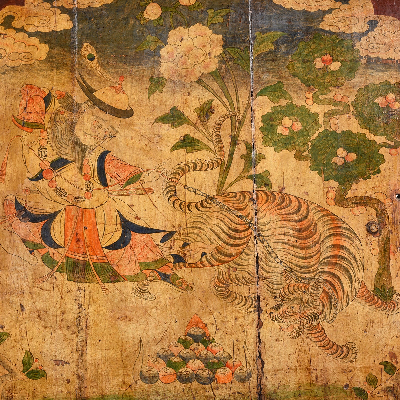 Tibetan Painted Panel of Güsh Khaan With Tiger - 18thC - Image 4