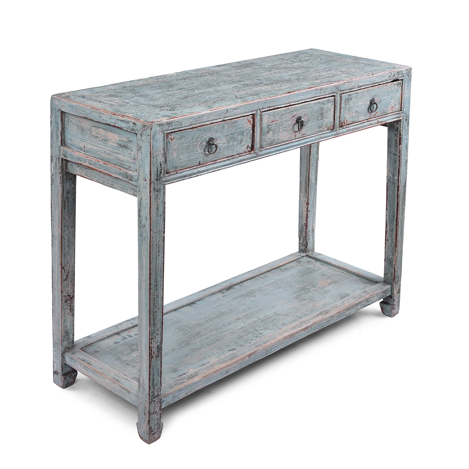 Reproduction Chinese Turquoise Lacquer 3 Drawer Console Table From Shandong - Image 3