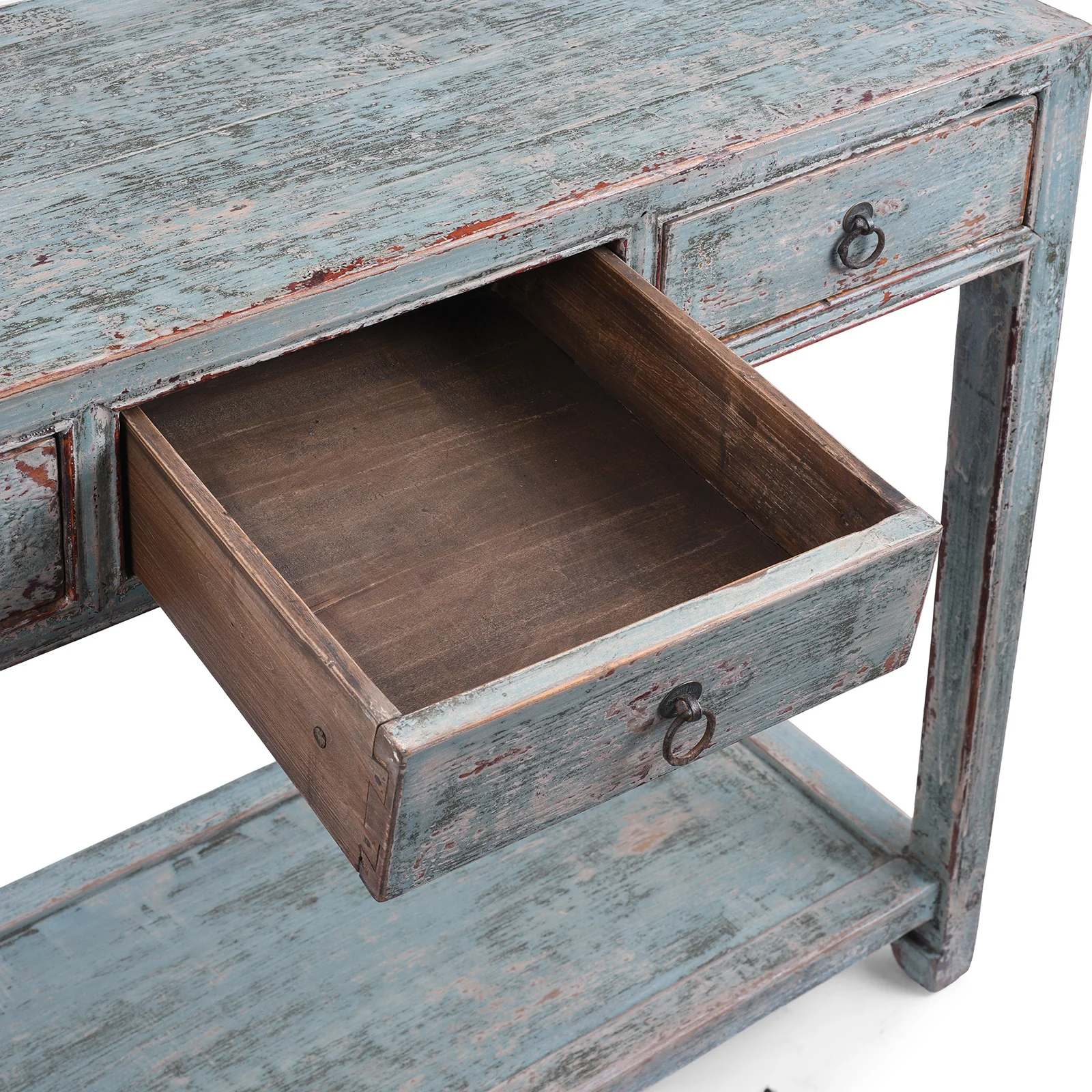 Reproduction Chinese Turquoise Lacquer 3 Drawer Console Table From Shandong - Image 4