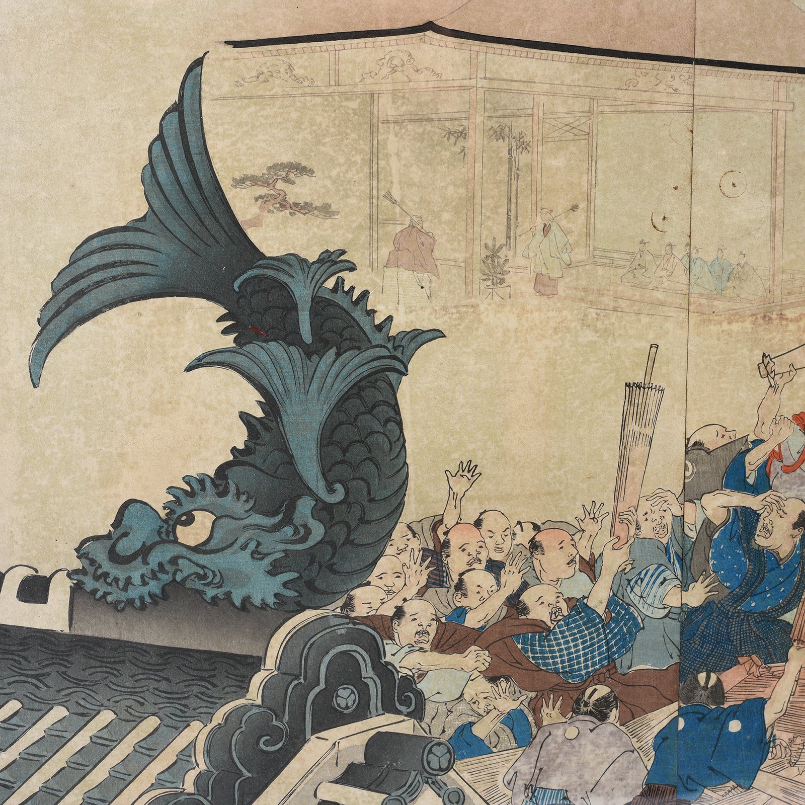 'Umbrella Give Away' Original Woodblock Triptych by Toyohara Chikanobu - Ca 1897 - Image 5