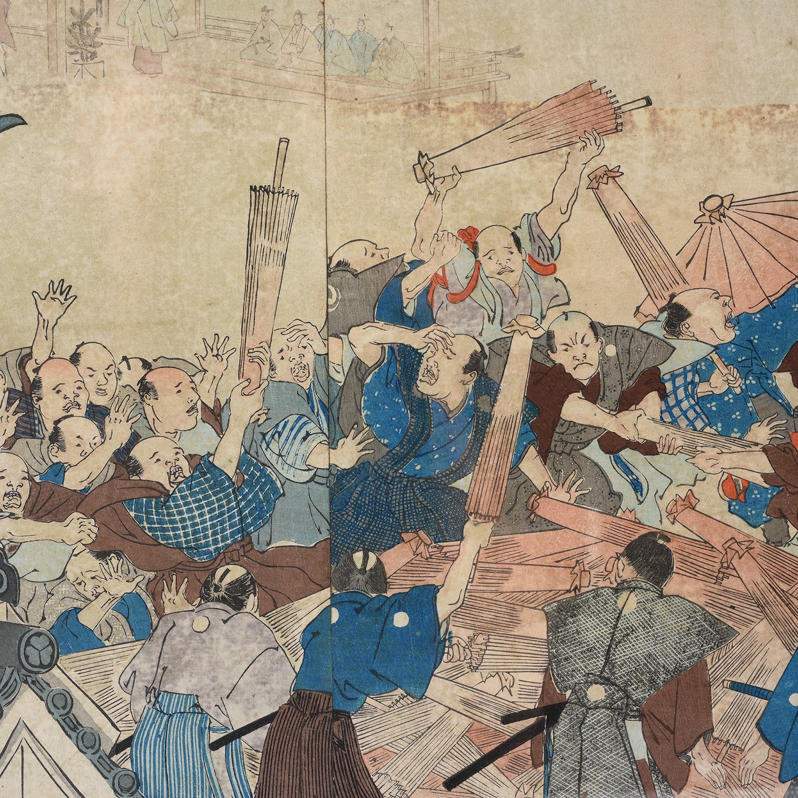 'Umbrella Give Away' Original Woodblock Triptych by Toyohara Chikanobu - Ca 1897 - Image 6