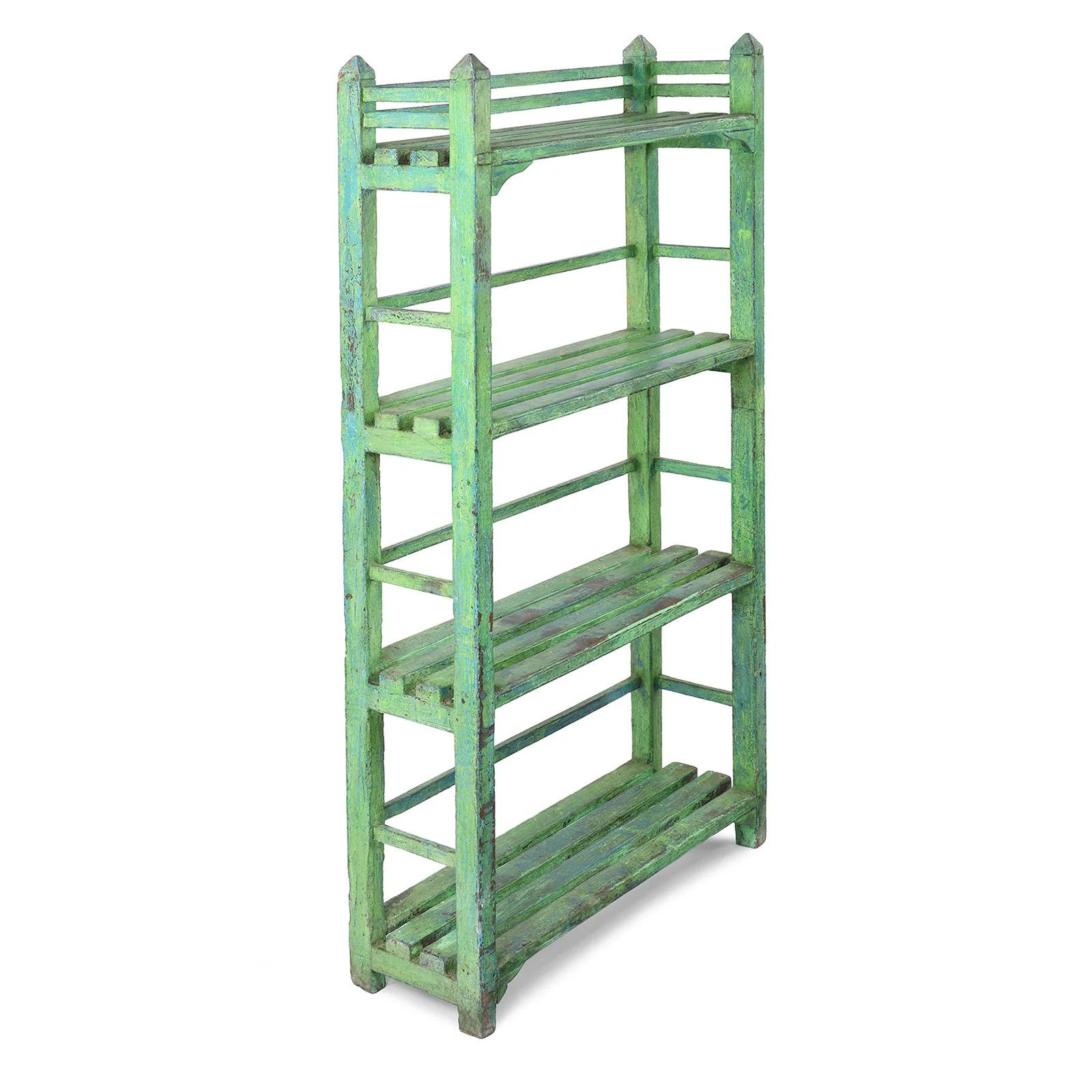 Vintage Green Painted Indian Teak Slated Shelf - Ca 1930